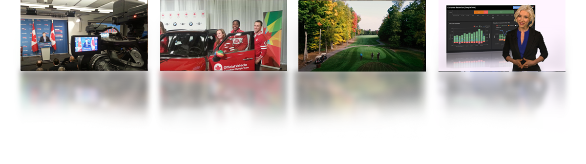 Production Stills from Left to Right:  Provincial Government Press Event, Canadian Olympic Commitee Sponsorship event, Drone flying over Blackbear Golf Club, Chromakey (Green Screen) with background and talent.